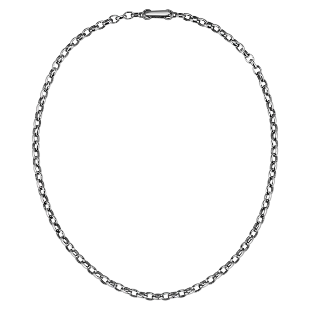 A 5mm men's platinum rolo link chain necklace with a durable clasp