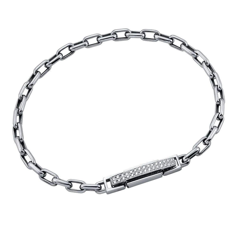 Platinum plated openable chunky link chain bracelet in cz 