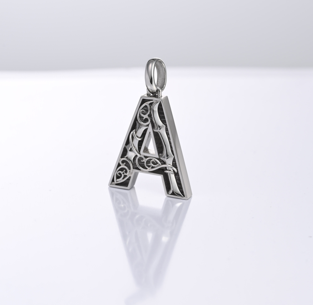 Letter A letter alphabet platinum pendant for men with scroll pattern