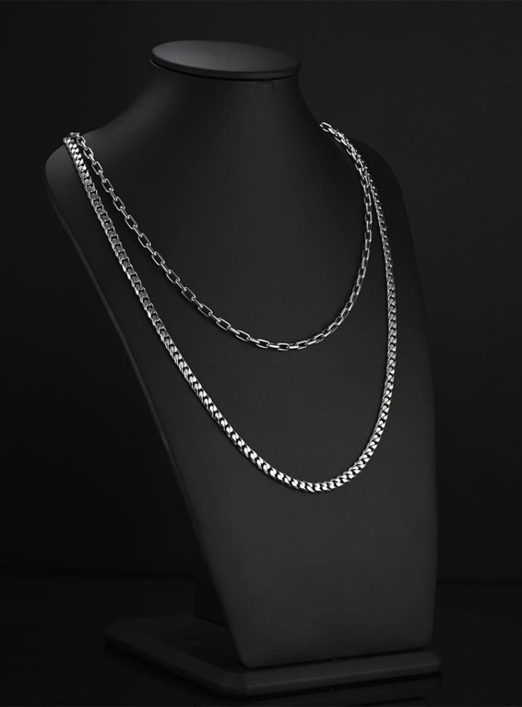 stack necklace platinum cuban chain and cable chain in byenzo jewelry