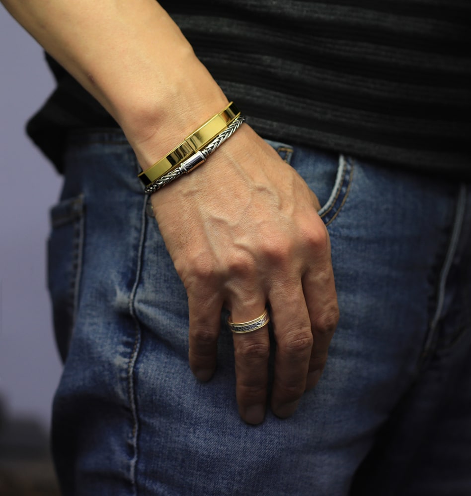 stacking bracelets in platinum bangle and wheat chain for men