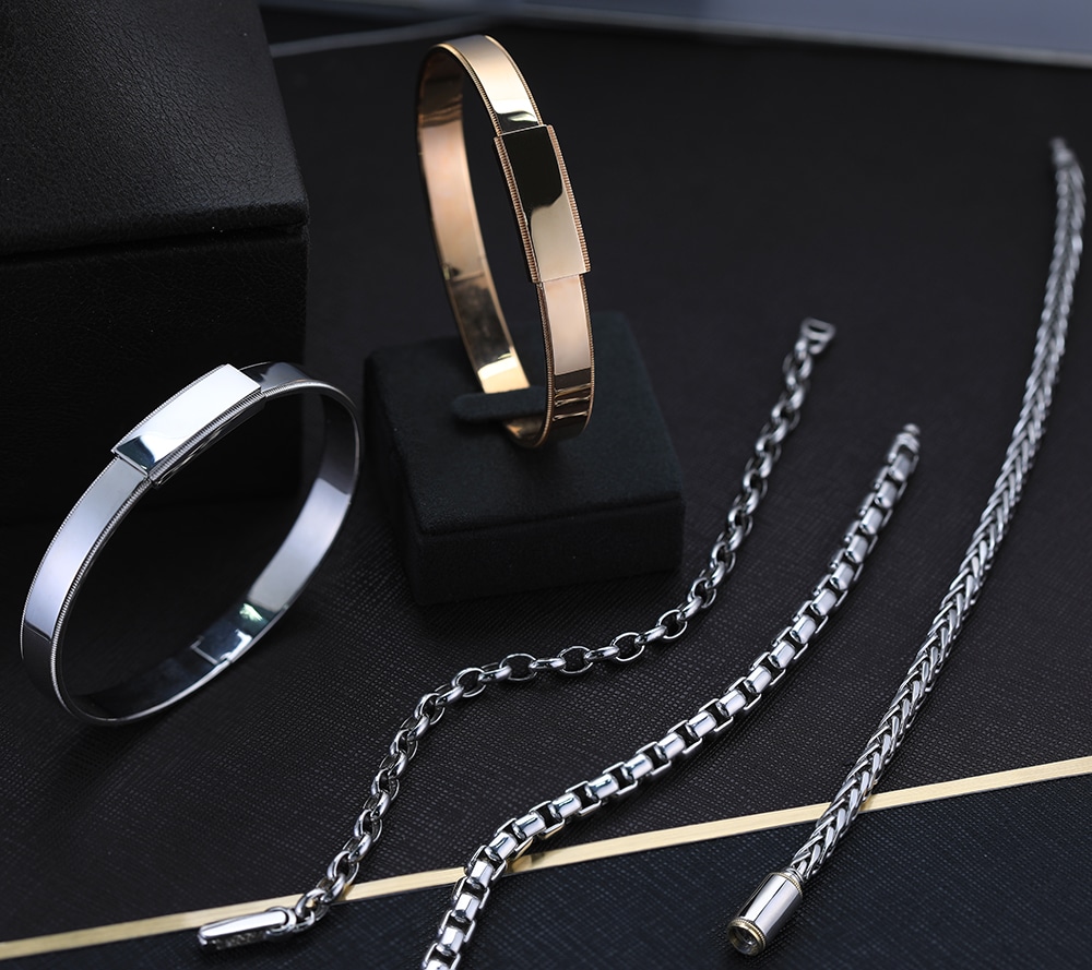 stacking bracelets in platinum bangle and wheat chain for men
