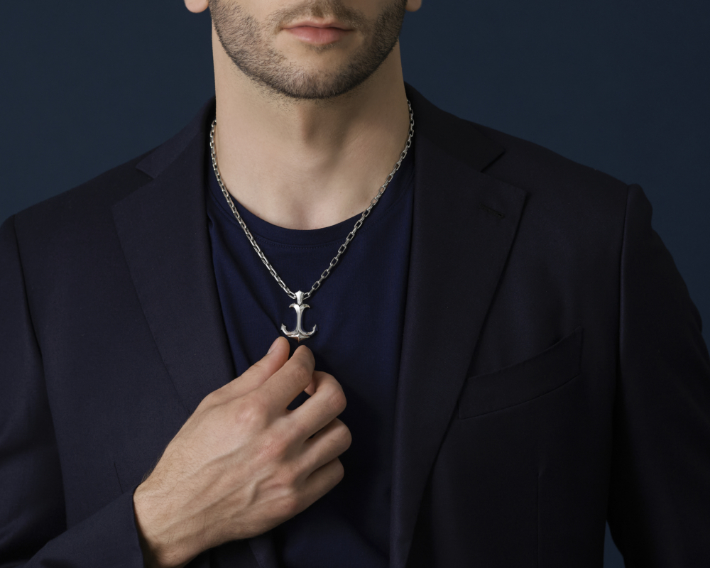 platinum cable chain necklace with the sea anchor pendant from ByEnzo Jewelry for men