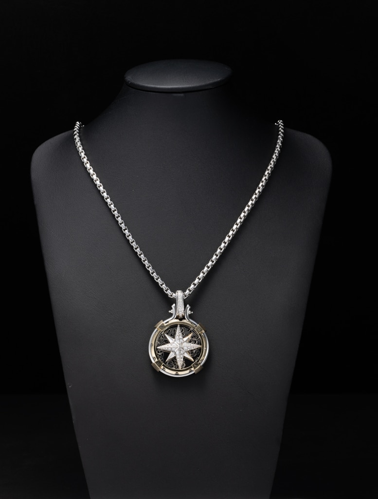 38mm compass pendant with diamond settings, made with pt950 platinum jewelry from byenzo jewelry
