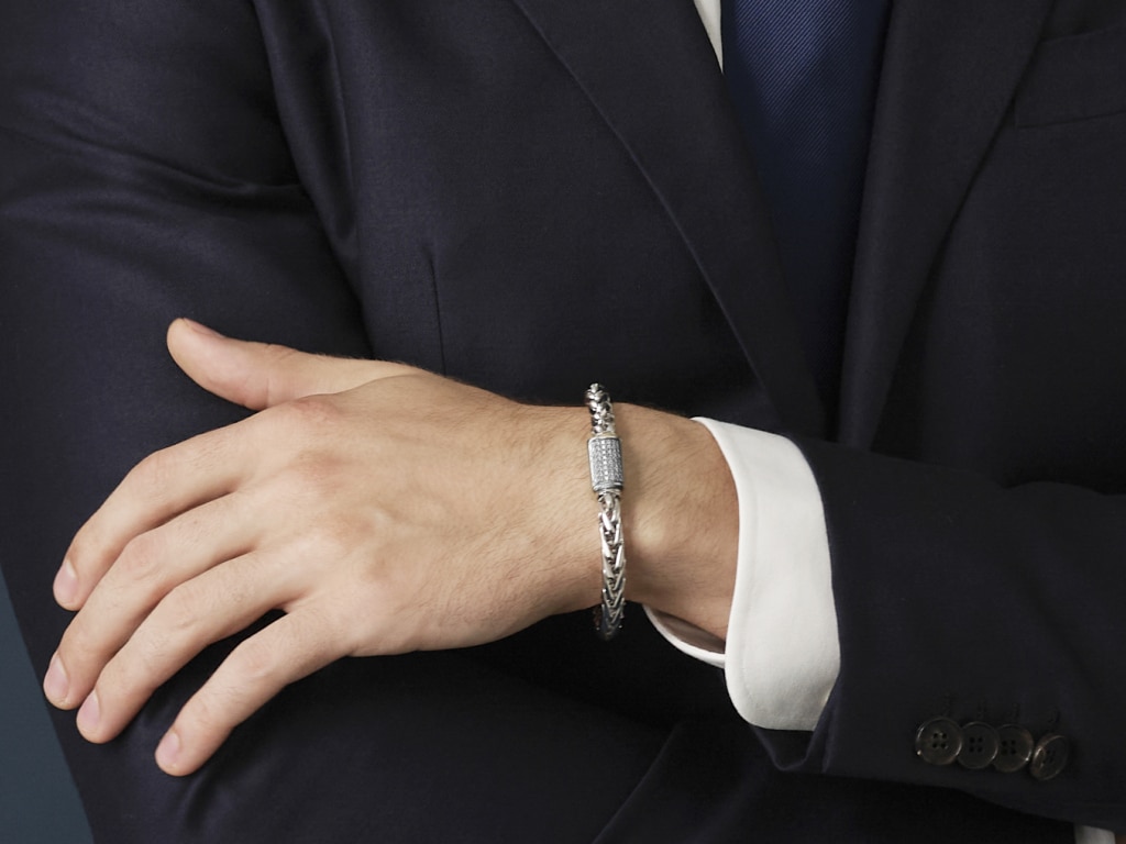 the platinum wheat chain with diamond settings, crafted by ByEnzo Jewelry, a men's bracelet jewelry